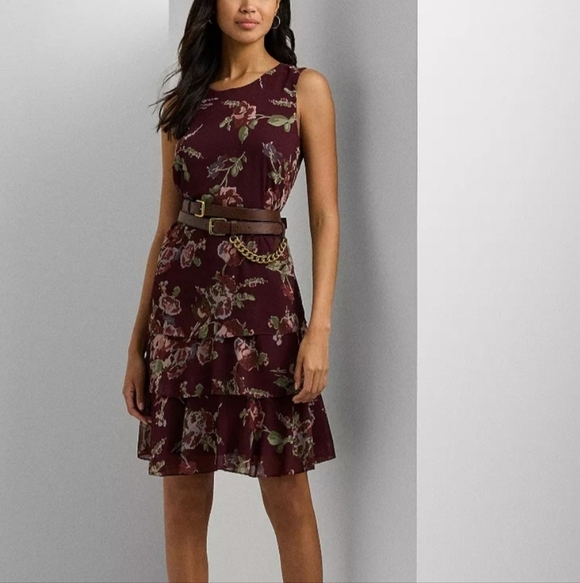 Lauren Ralph Lauren Dresses & Skirts - Lauren Ralph Lauren Womens Wine Floral Color Sz:8 Crinkle Georgette Shift Dress